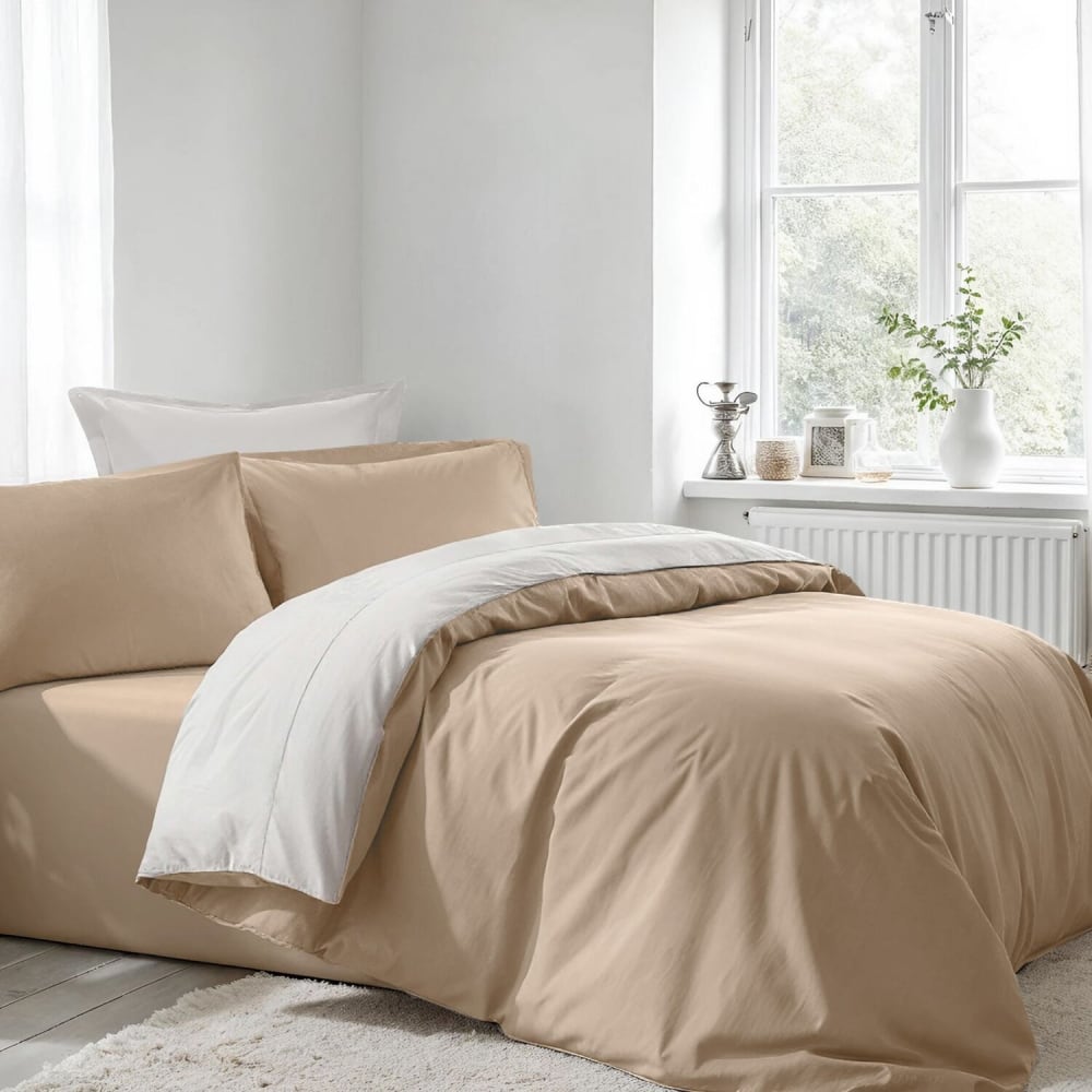 Parure housse de couette 100% coton uni beige + 2 taies 240x220 cm