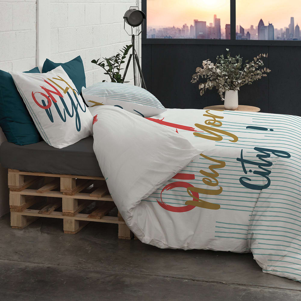 Parure housse de couette coton imprimée + 2 taies 260x240 cm