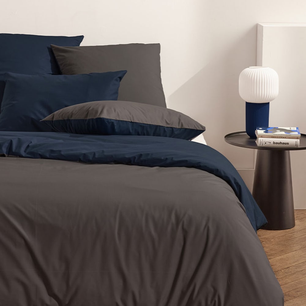 Parure de lit en percale de coton bio bleu et gris 260x240