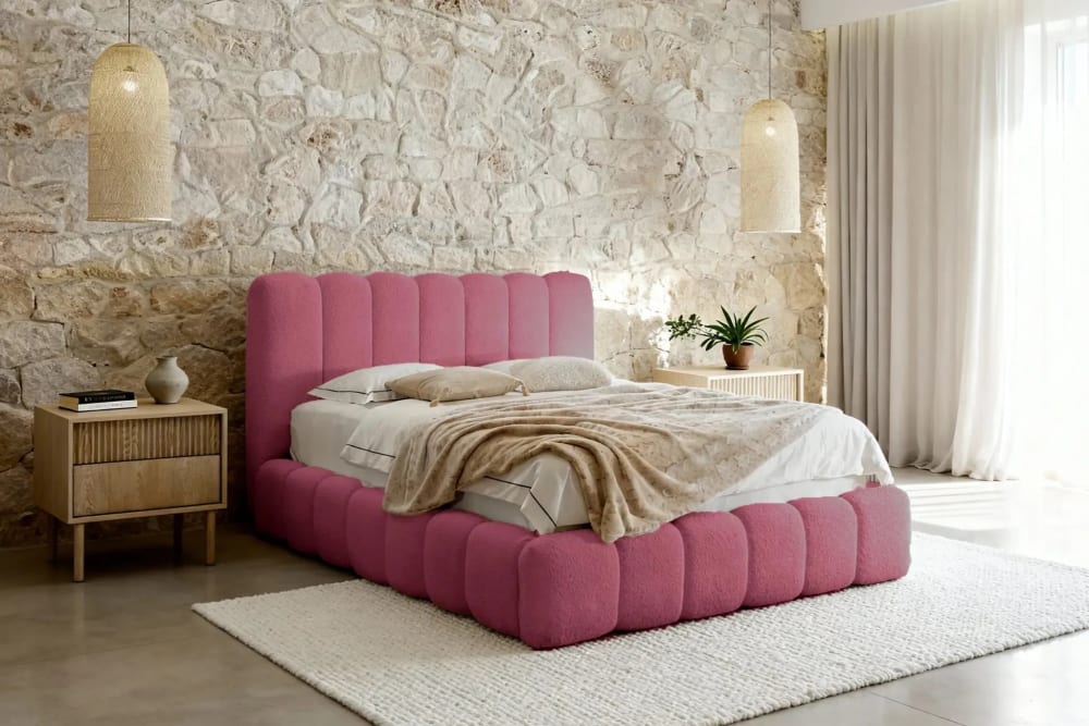 Lit coffre tissu chenille 180x200cm rose foncé