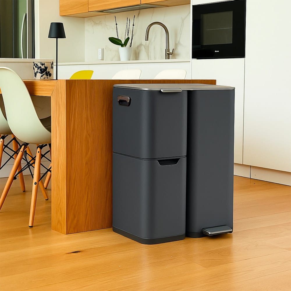 Poubelle de cuisine tri sélectif Acier inoxydable Gris 60l