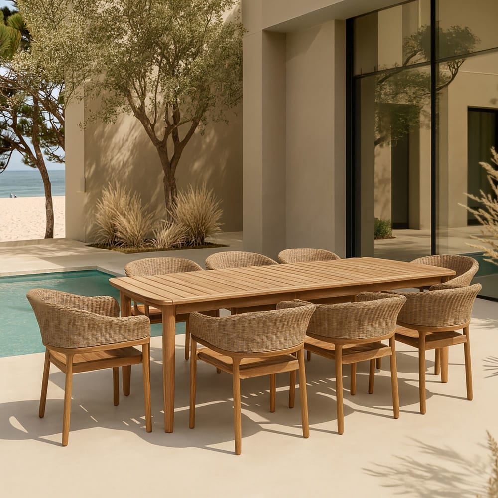 Ensemble table et 8 fauteuils de jardin en bois d'acacia et osier