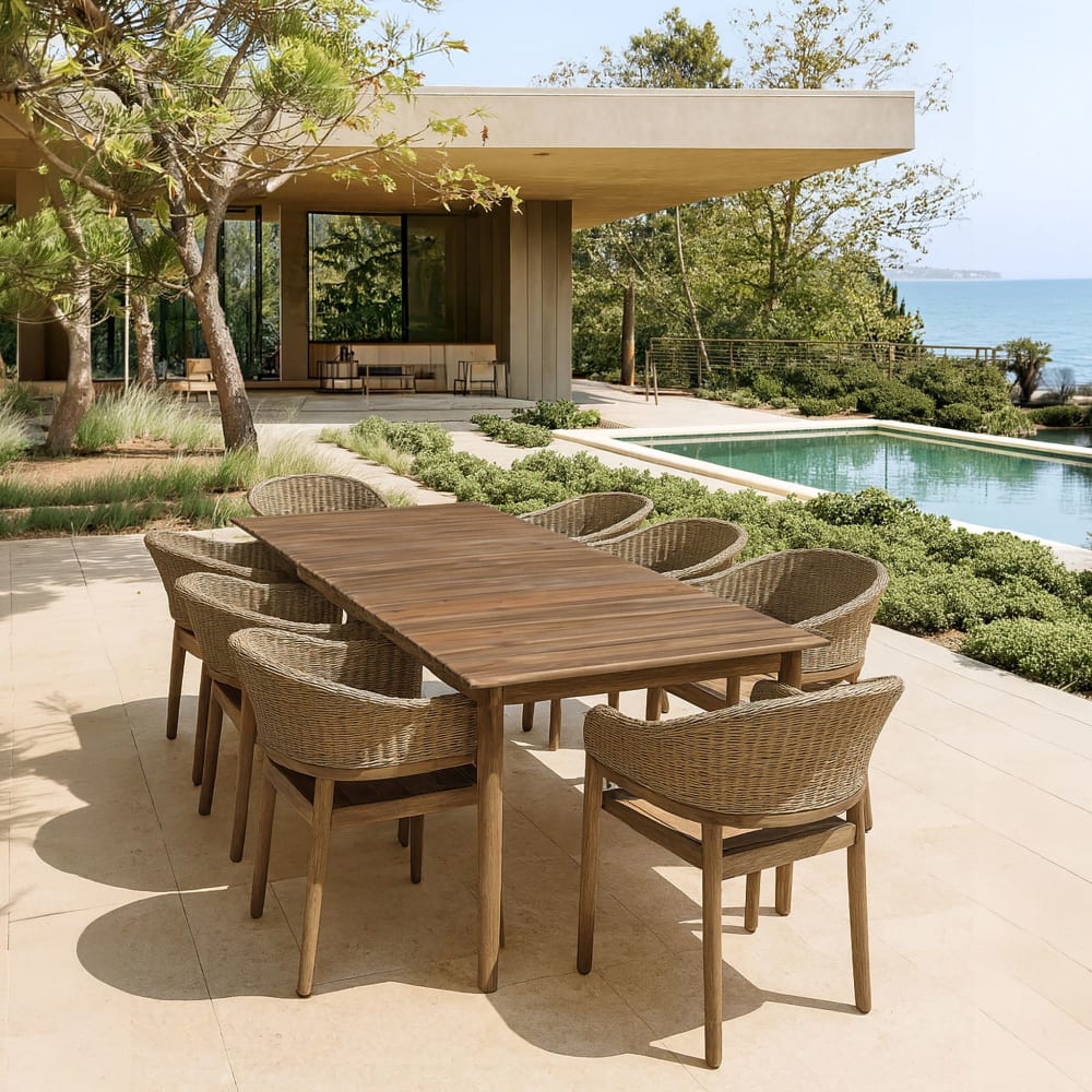 Ensemble table et 8 fauteuils de jardin en bois d'acacia brun et osier