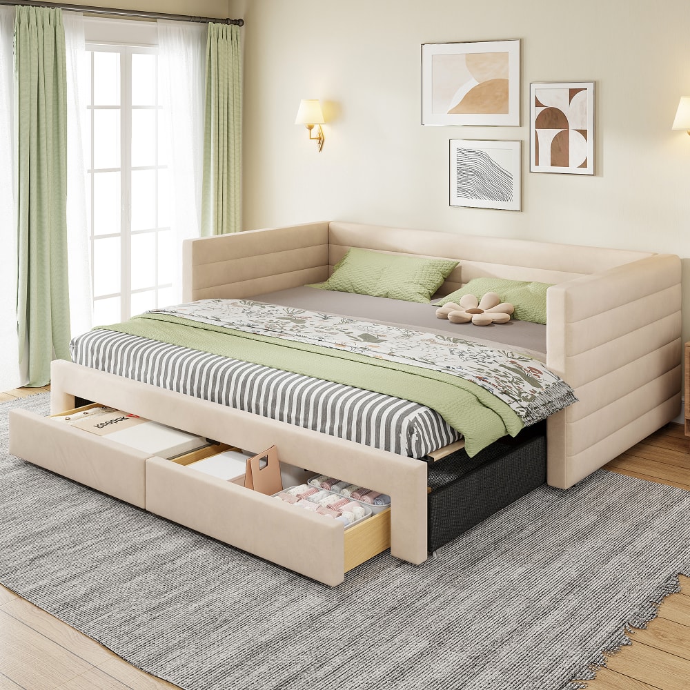 Lit extensible 90x190 cm en coton et lin beige avec 2 tiroirs
