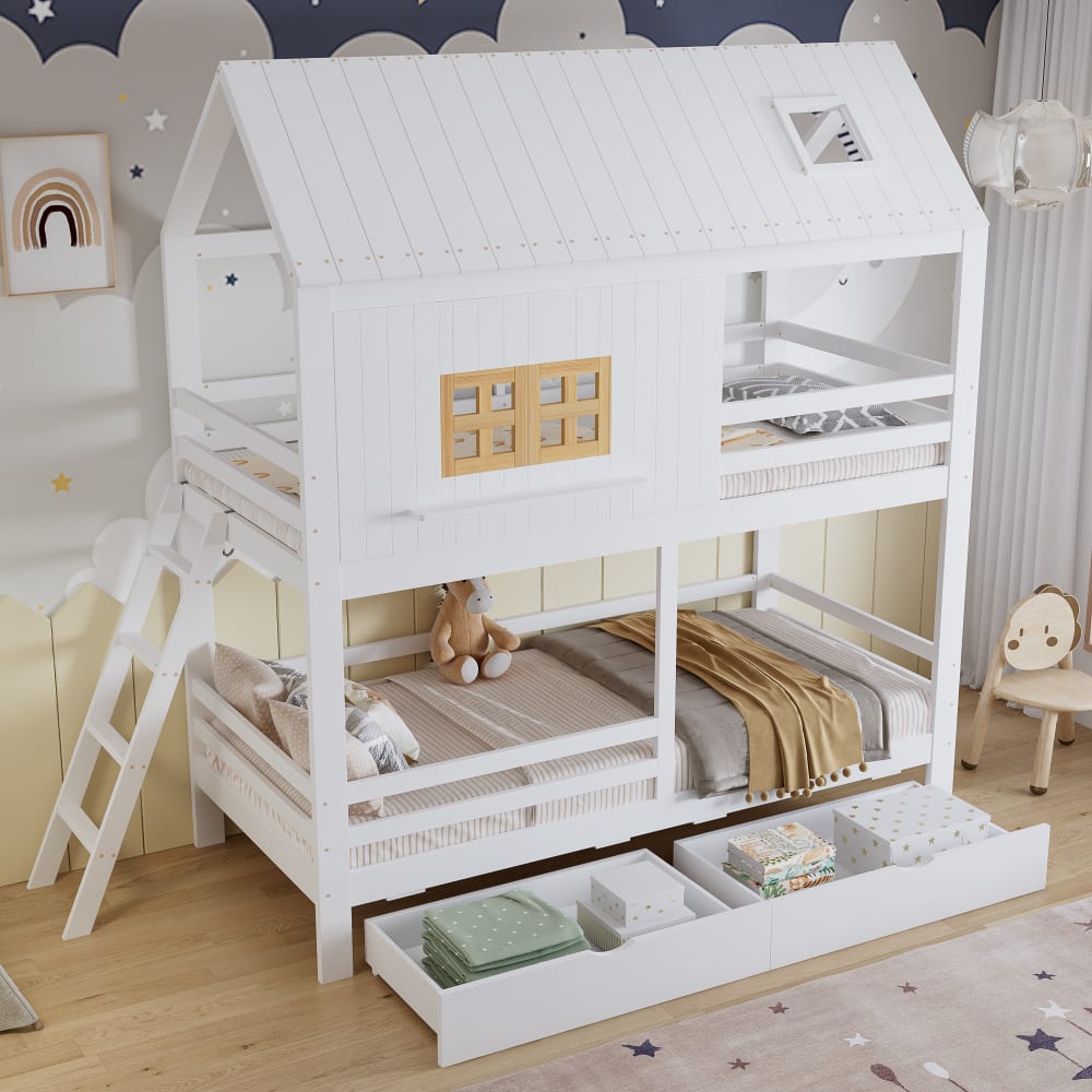 Etagenbett aus Kiefer mit Fenster Dach und Schubladen 90x200