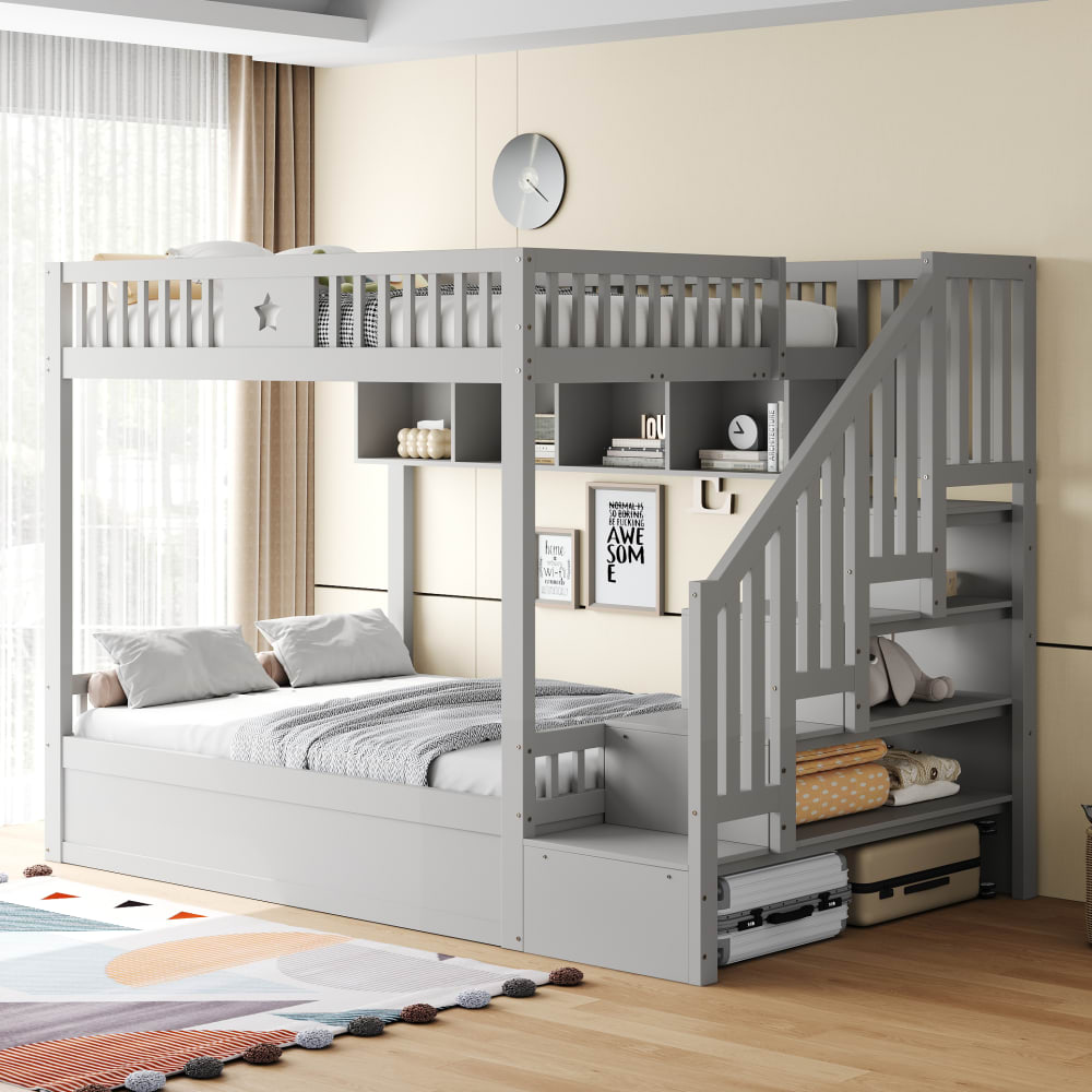 Etagenbett aus Kiefer mit hydraulischem Stauraum 140x200 cm, grau