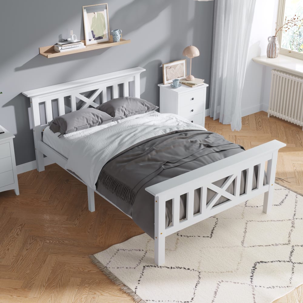 Einzelbett 90x200 cm aus Kiefer mit X-förmiges Kopfteil,weiß -