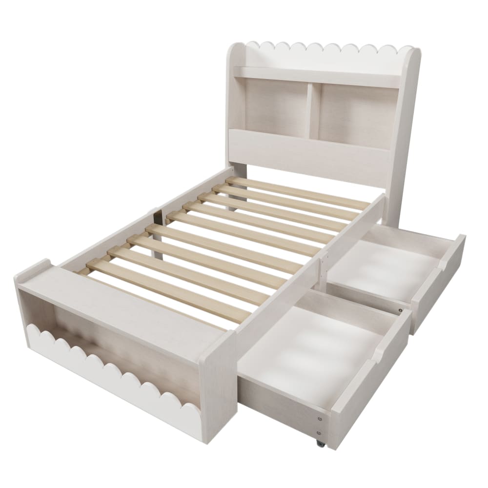 OKWISH Kinderbett aus Kiefer und MDF mit Schubladen und Regal 90x200 cm, weiß Holz Baby