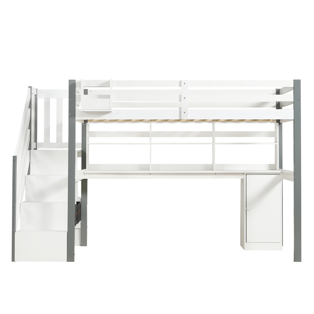 OKWISH Hochbett aus Kiefer mit Schreibtisch und Stauraum 90x200 cm, weiß Holz Baby