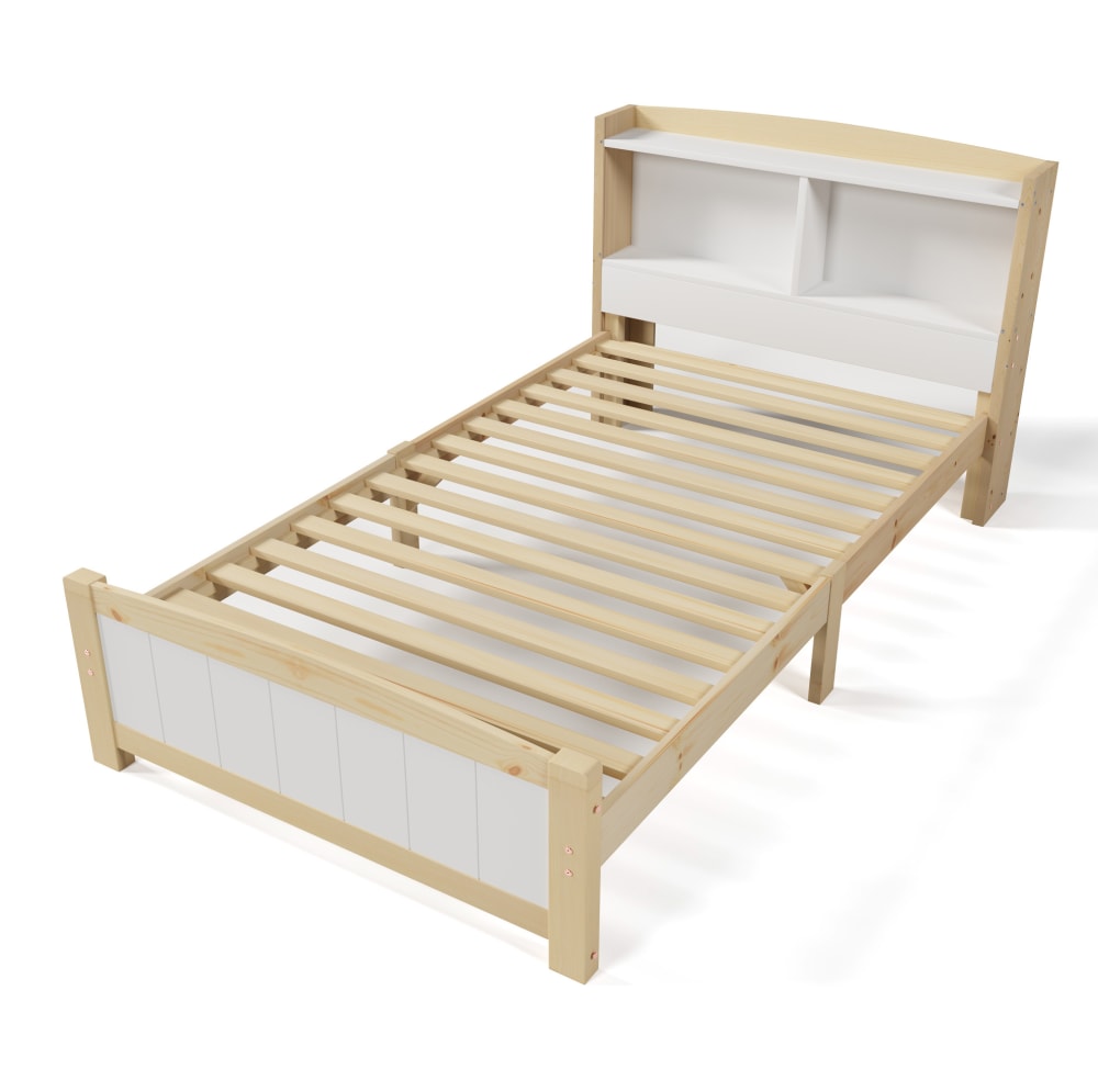 Lit enfant 90x200 cm en pin blanc avec tête de lit rangement Lit enfant 90x200 cm en pin blanc avec tête de lit rangement