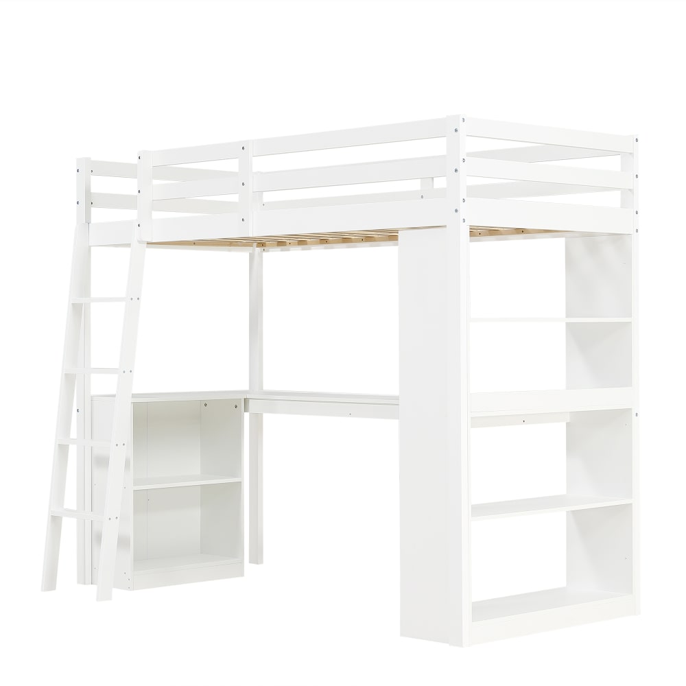 OKWISH Hochbett aus Kiefer mit Ablageregal und Leiter 90x200 cm, weiß Holz Baby
