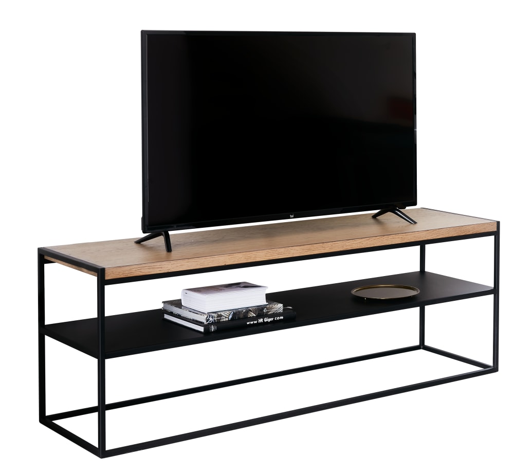 Meuble tv effet en métal noir et plateau effet bois