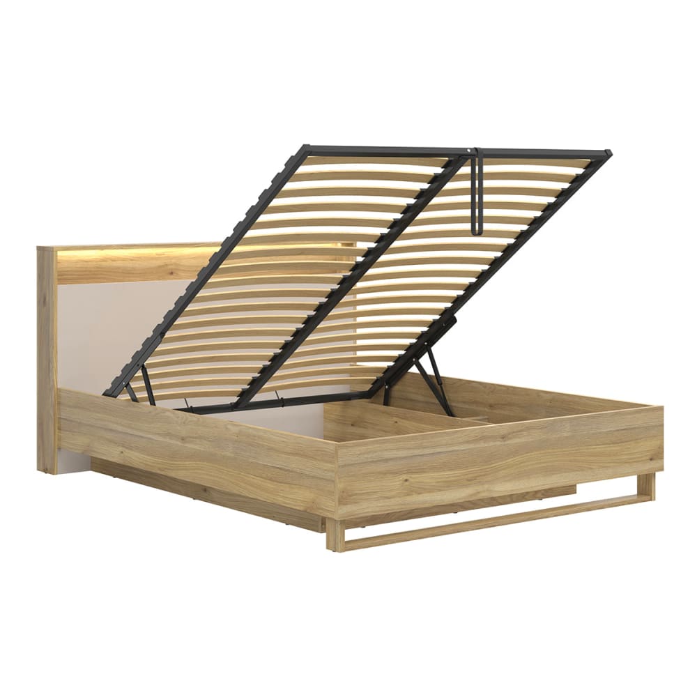 Lit coffre 160x200 sommier led panneaux aggloméré stratifié beige