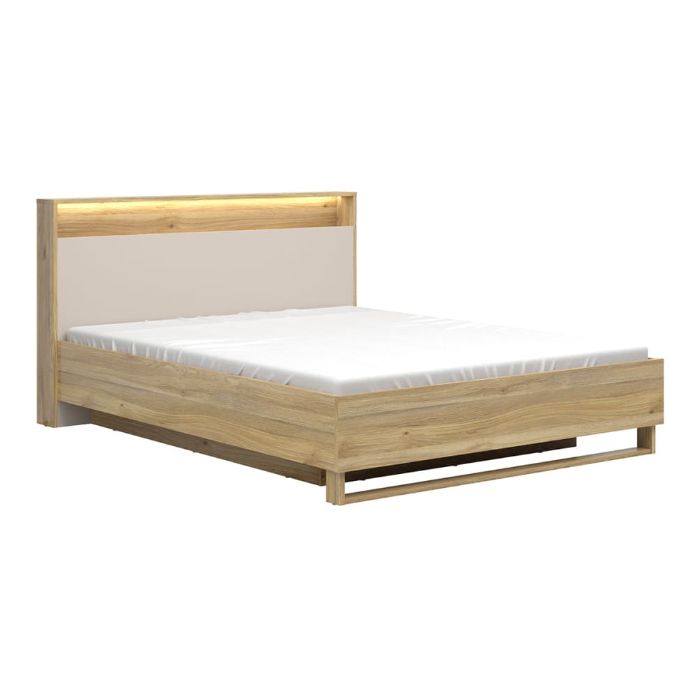 Lit coffre 160x200 sommier led panneaux aggloméré stratifié beige