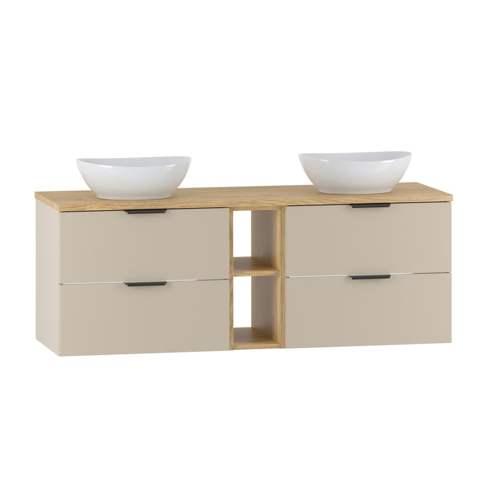 Petits meubles Doppelwaschtisch 140cm 2 Nischen Melamin Kaschmir und Holz Beige Spanplatte