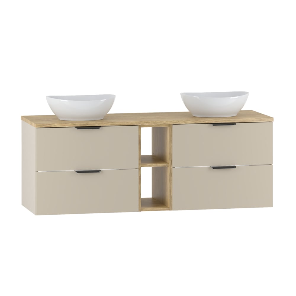 Meuble double vasque stratifiés beige et bois