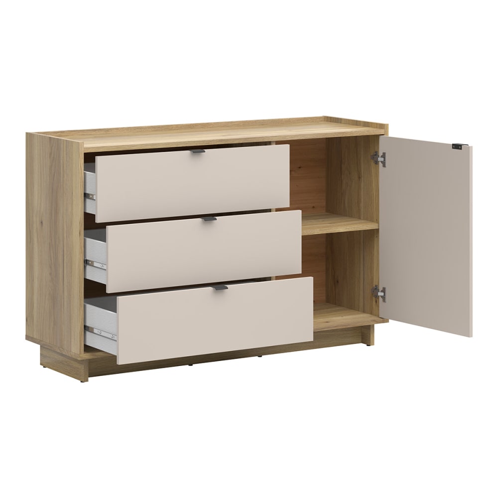 Kommode 1 Tür 3 Schubladen und Holz Spanplatten Laminat Kaschmir