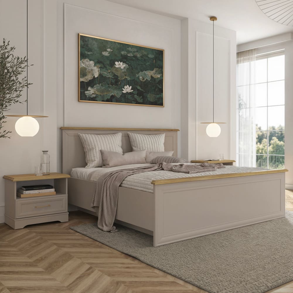 Lit coffre 160x200 sommier inclus panneaux aggloméré stratifié beige