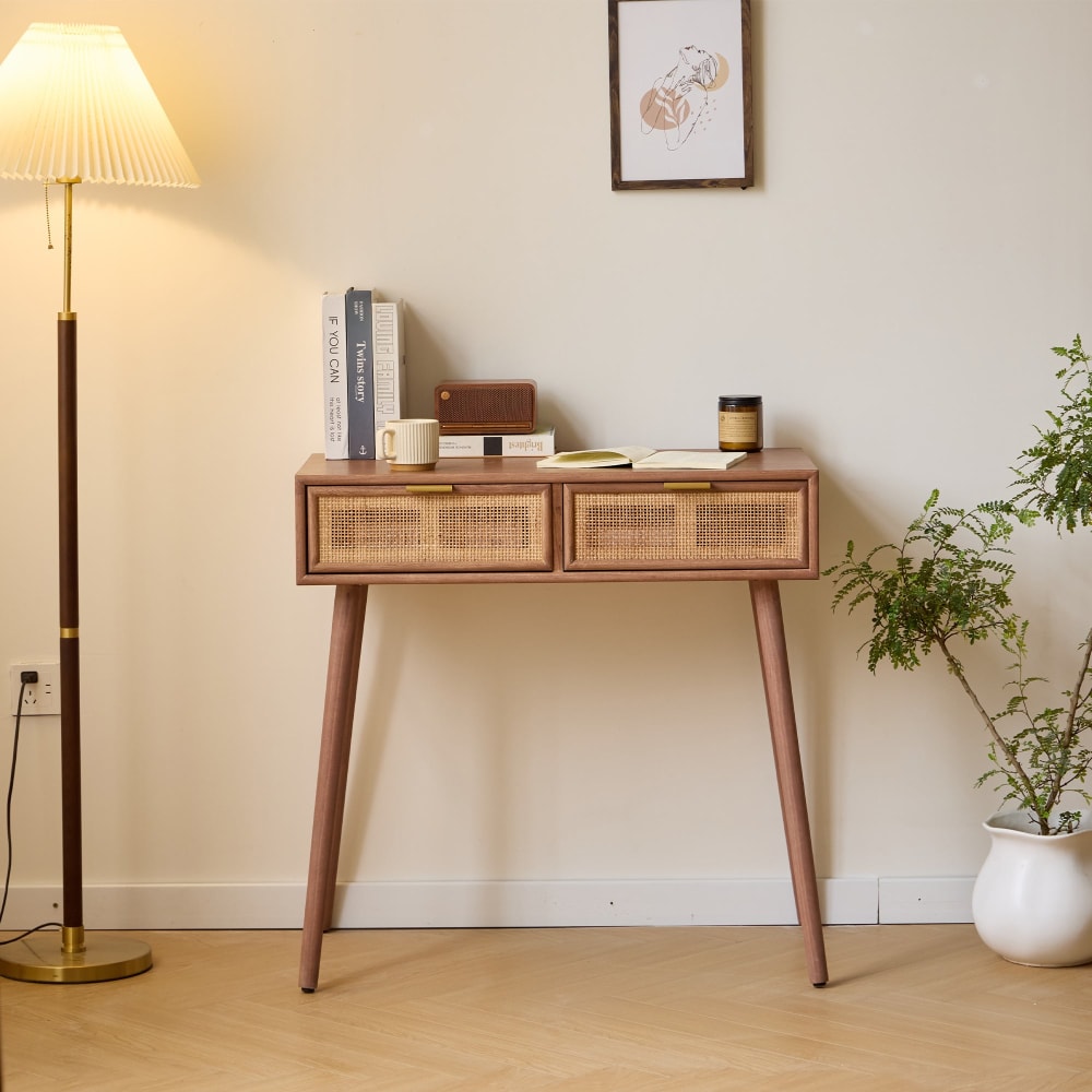 Nordlys Konsolentisch 2 Schubladen aus Massivholz und Rattan style exotic Braun Rattan
