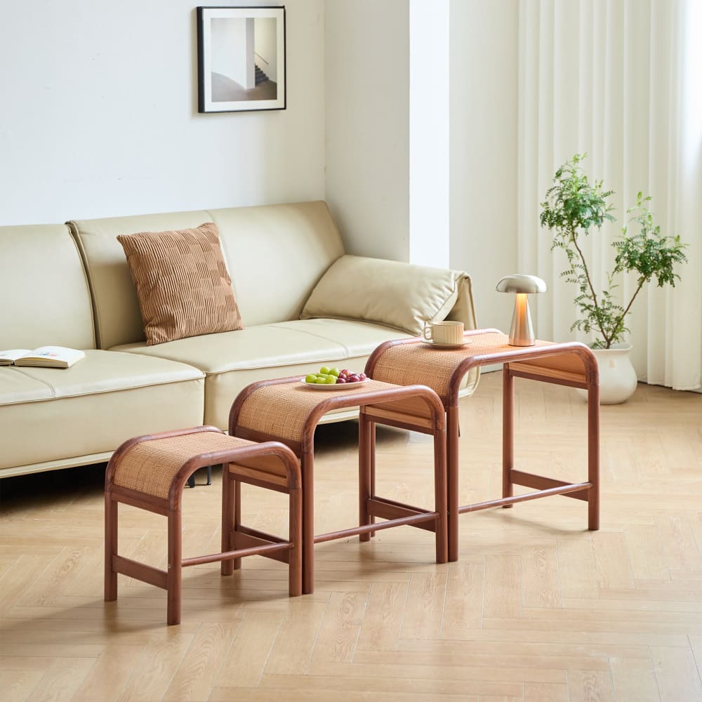 Nordlys Couchtisch (3er Set) aus Holz und Rattan style classic chic Braun Holz