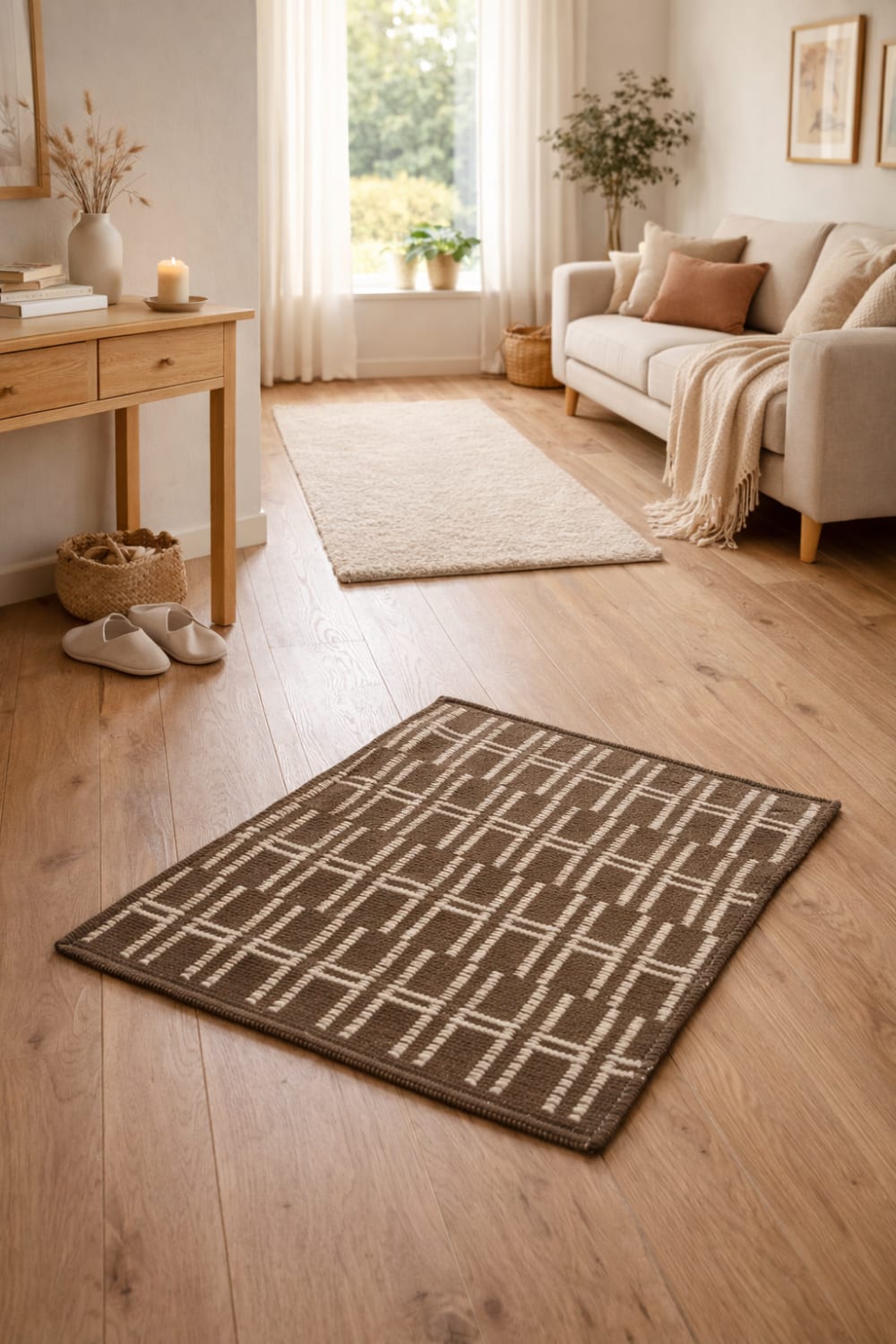 Tapis rectangulaire en coton avec motifs marrons et écrus 90 x 60 cm — vue 3