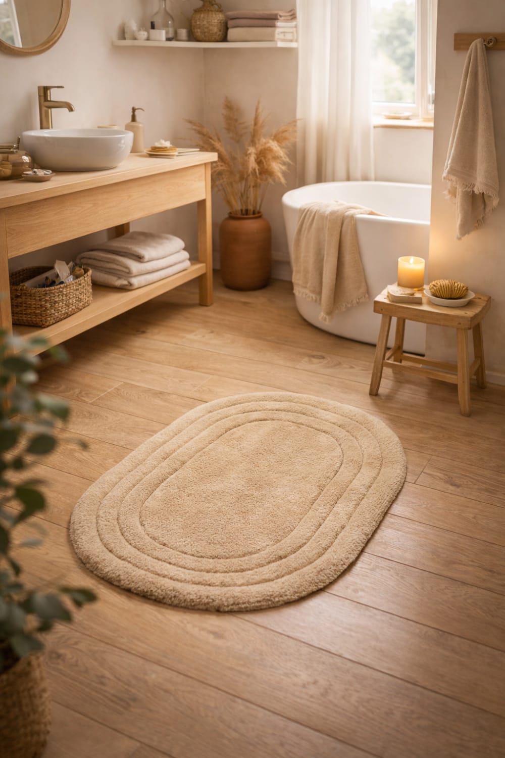 Tapis ovale en coton marron clair 80 x 50 cm — vue 3