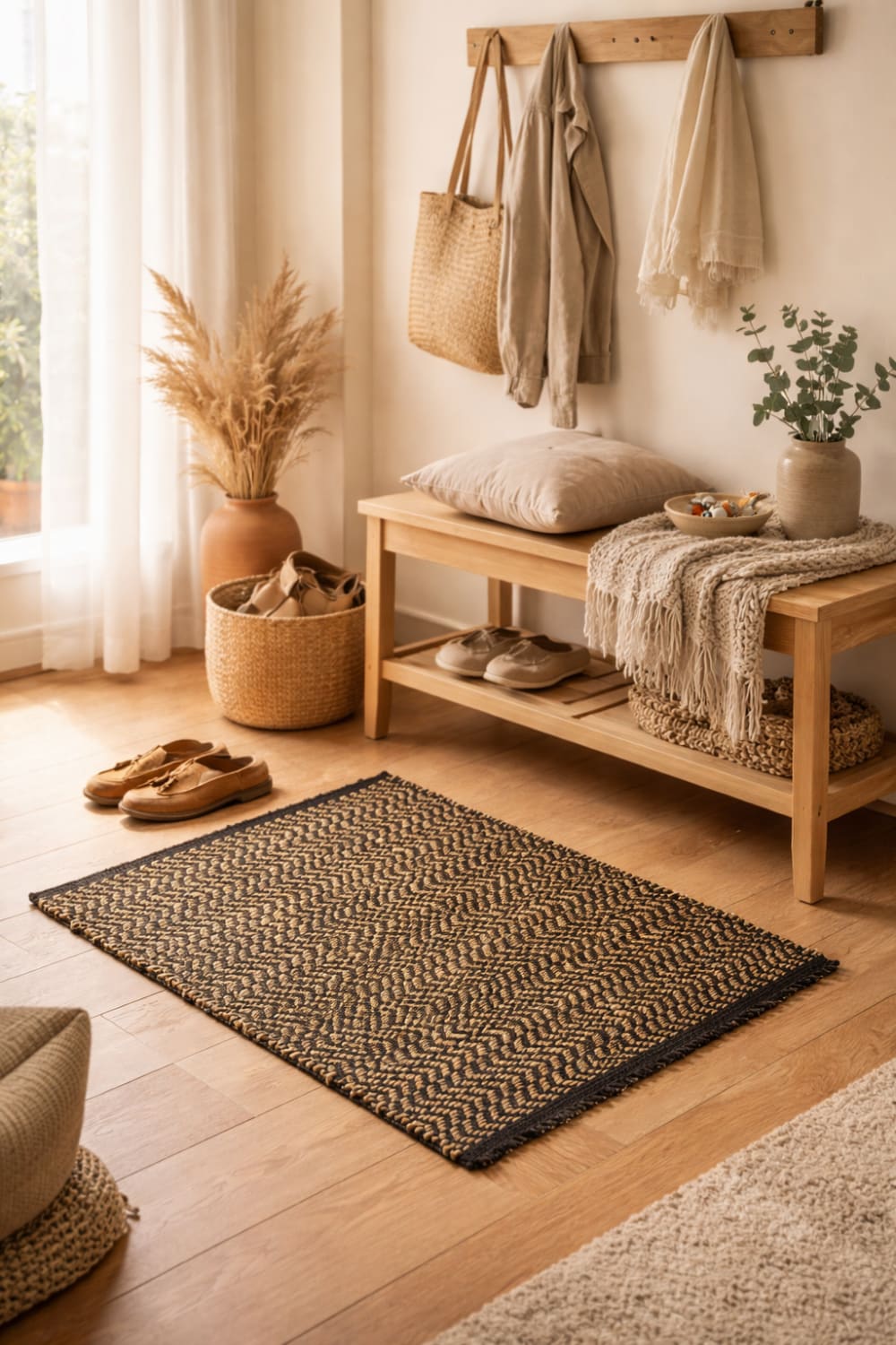 Tapis rectangulaire en coton avec motifs marrons et écrus 90 x 60 cm