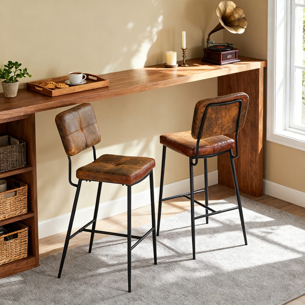 Lot de 2 tabourets de bar style vintage en tissu polyester marron