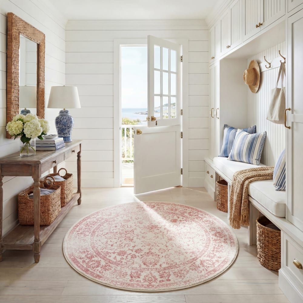 Tapis vintage patiné en polypropylène blanc/rose, 213 cm — vue 3