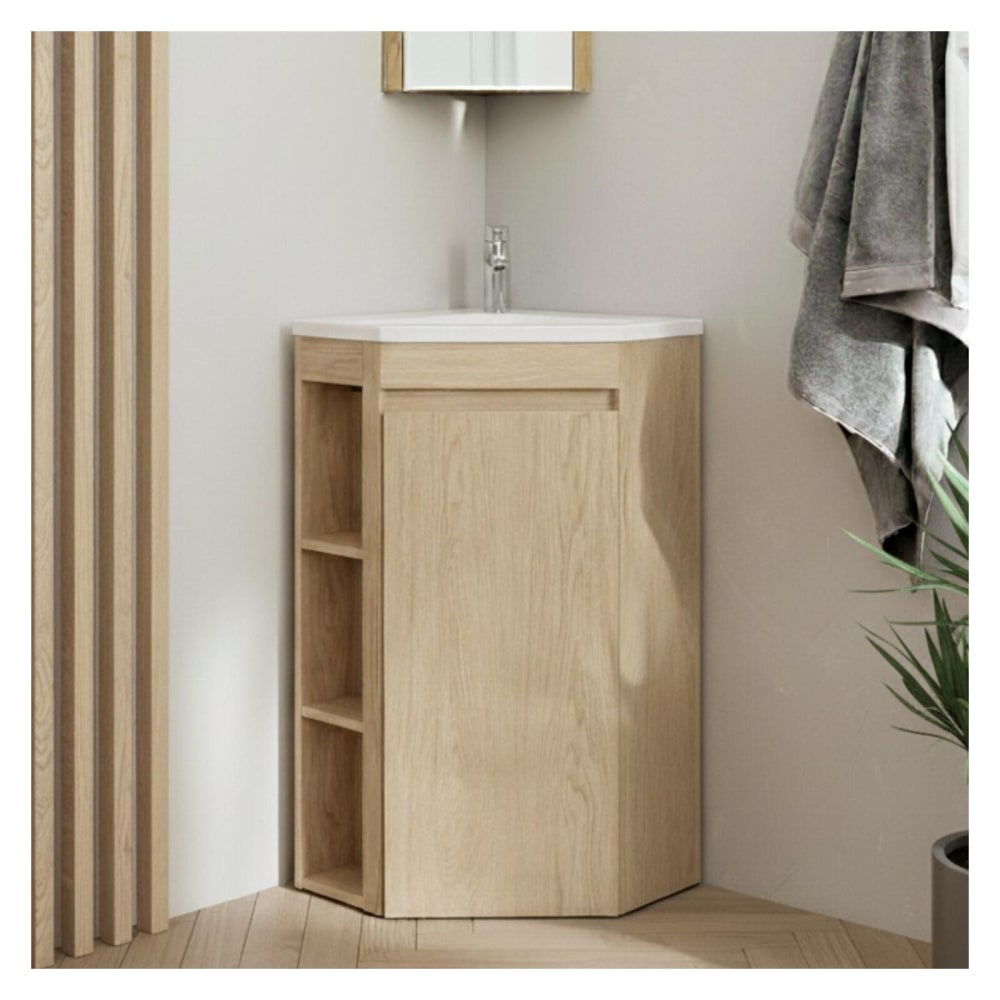 Meuble sous vasque d'angle  sur pieds avec vasque et robinet