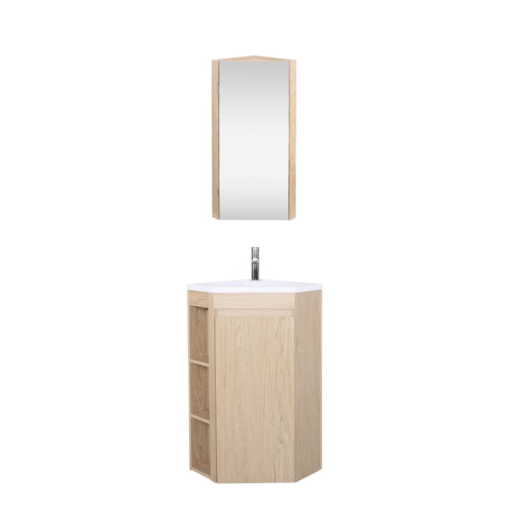 Meuble d'angle sur pieds  avec vasque, robinet et armoire de toilette