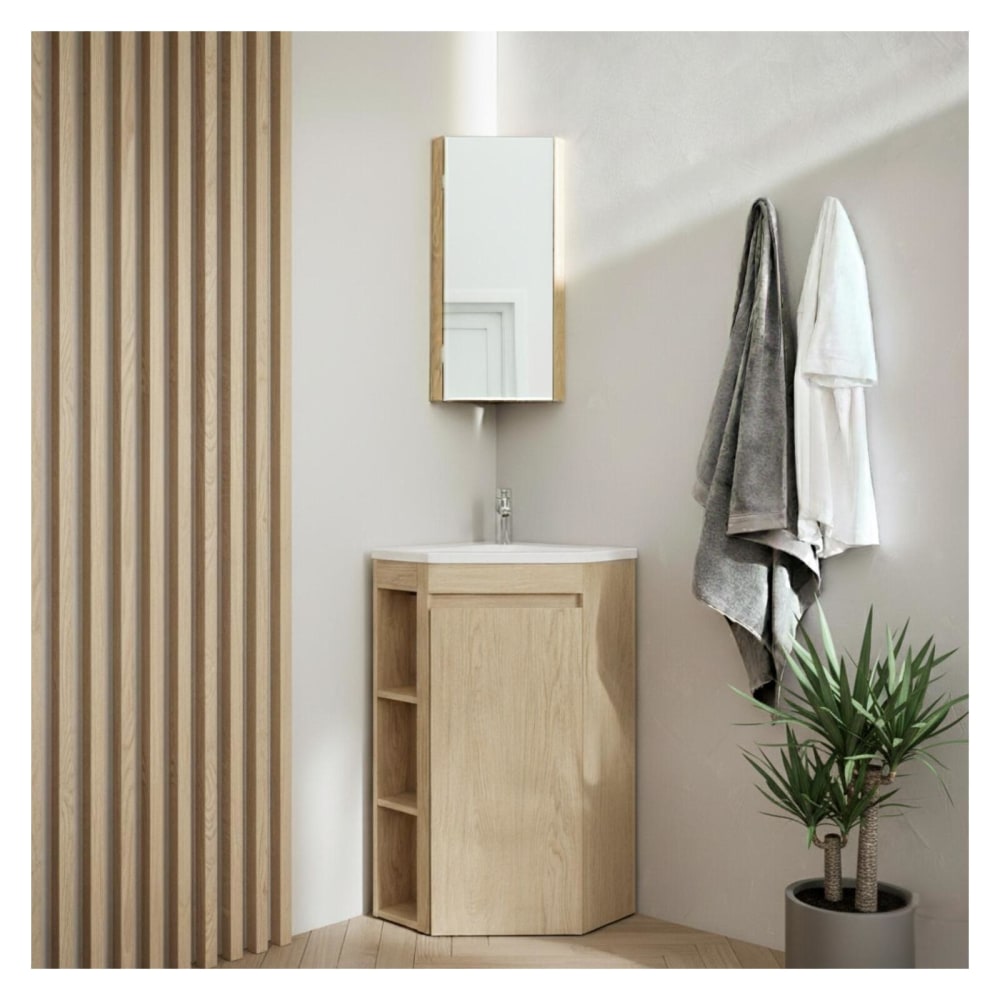 Meuble d'angle sur pieds  avec vasque, robinet et armoire de