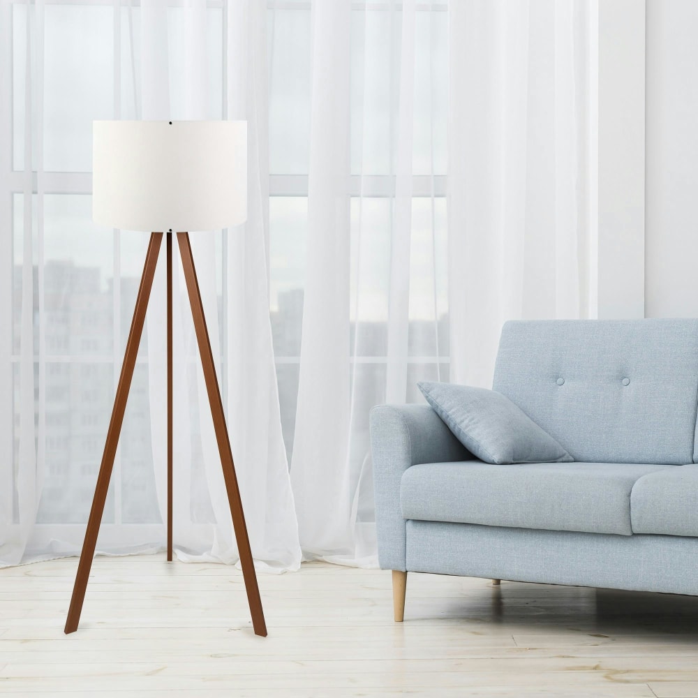 Lampadaire trépied effet bois noyer, abat-jour blanc — vue 3