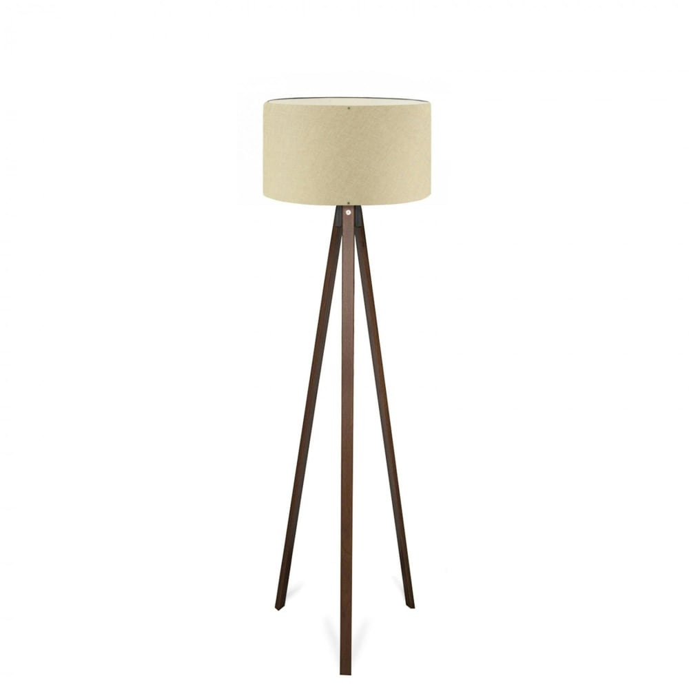 Lampadaire trépied effet bois brun, abat-jour beige