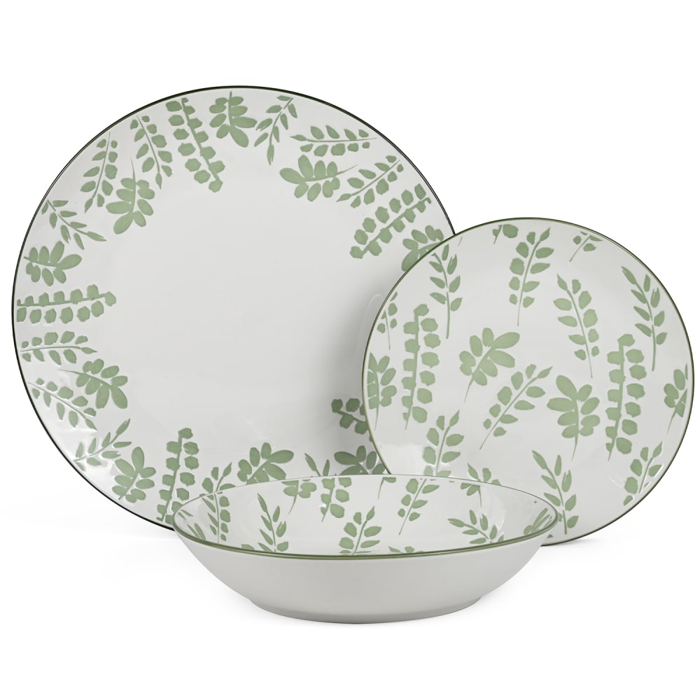 vajilla 18 pzs porcelana blanco hojas verdesplato llano diam27