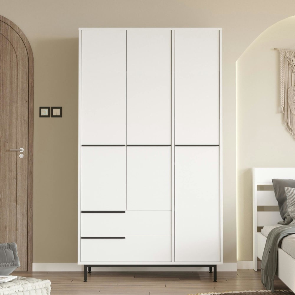 Armoire penderie blanche moderne 3 portes 2 tiroirs