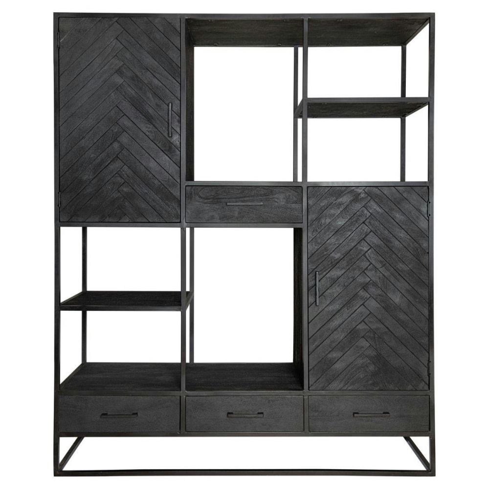 Bibliothèque de salon noire en bois motif chevrons