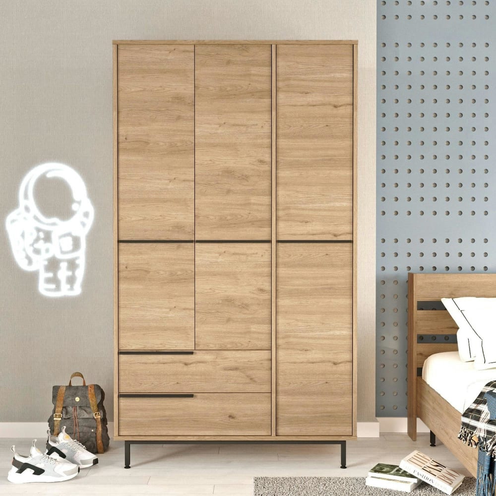 Armoire penderie décor bois 3 portes 2 tiroirs
