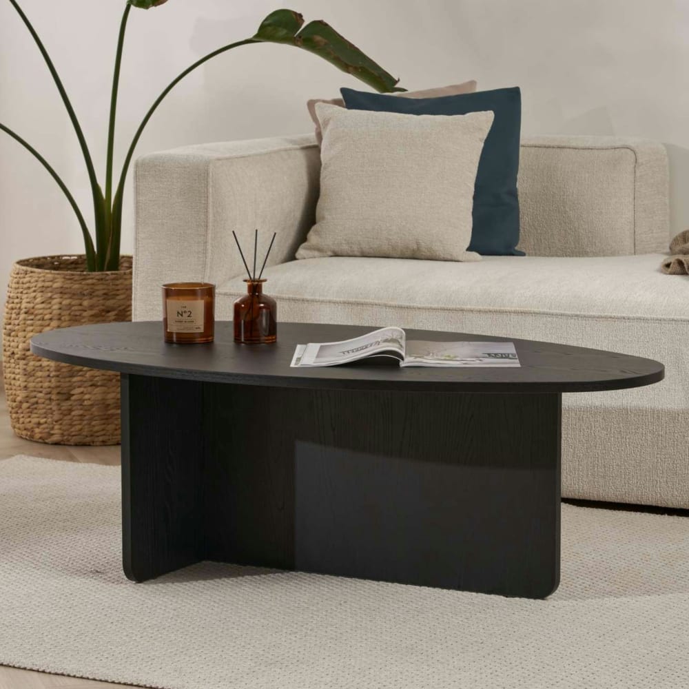 Table basse moderne ovale décor bois noir