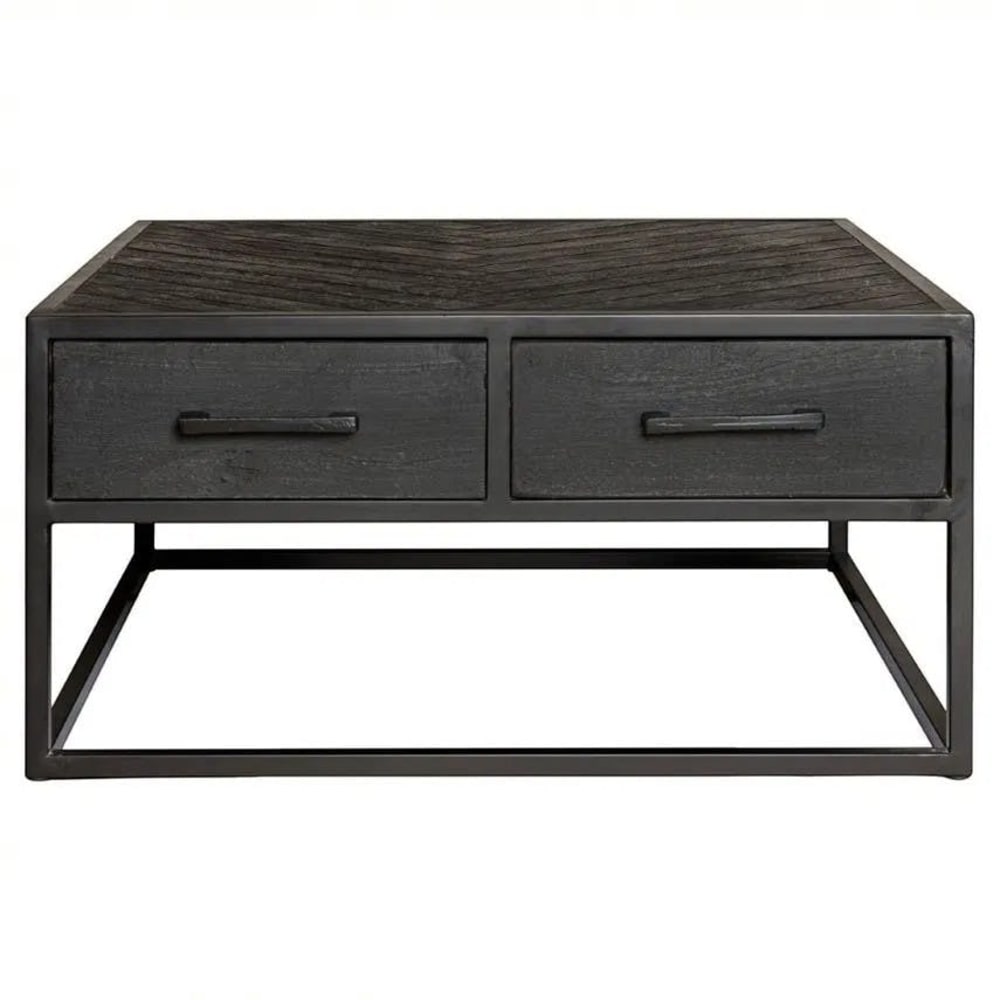 Table basse carrée noire motif chevrons, 4 tiroirs