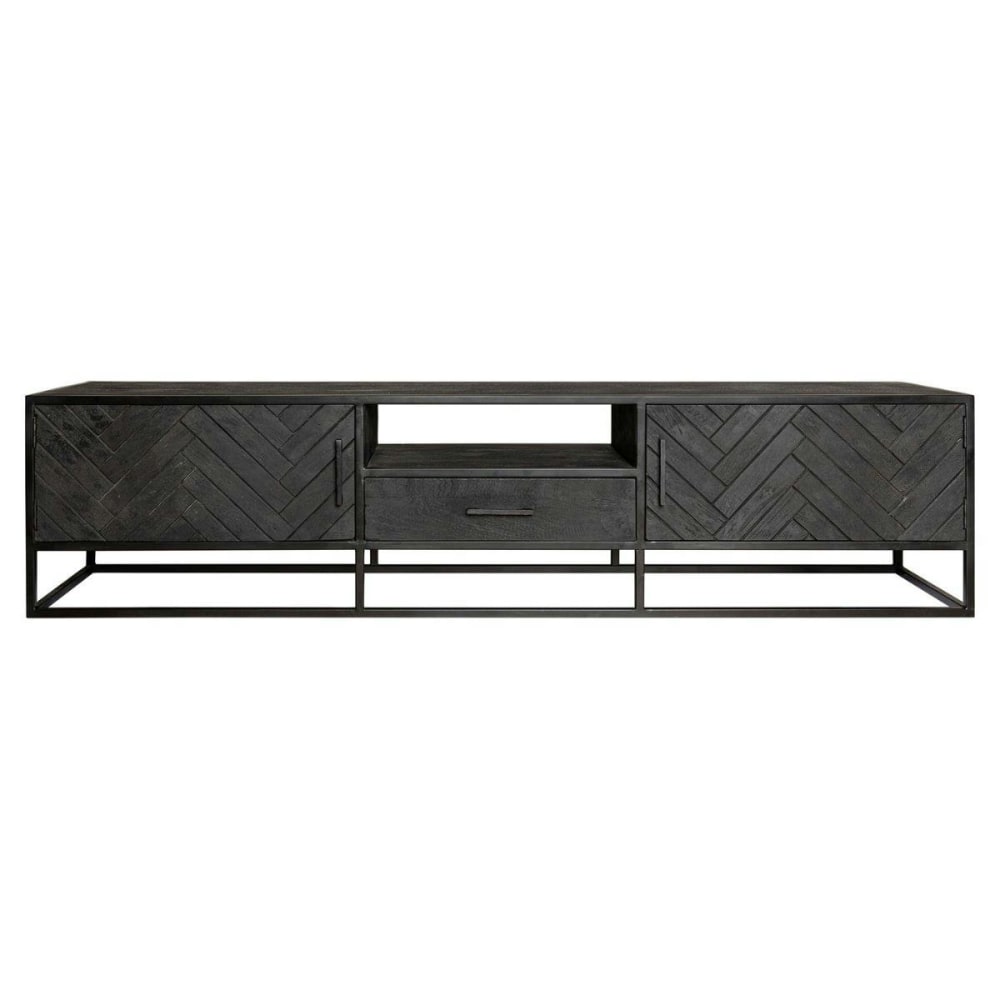 Meuble TV 165 cm en bois noir motif chevrons