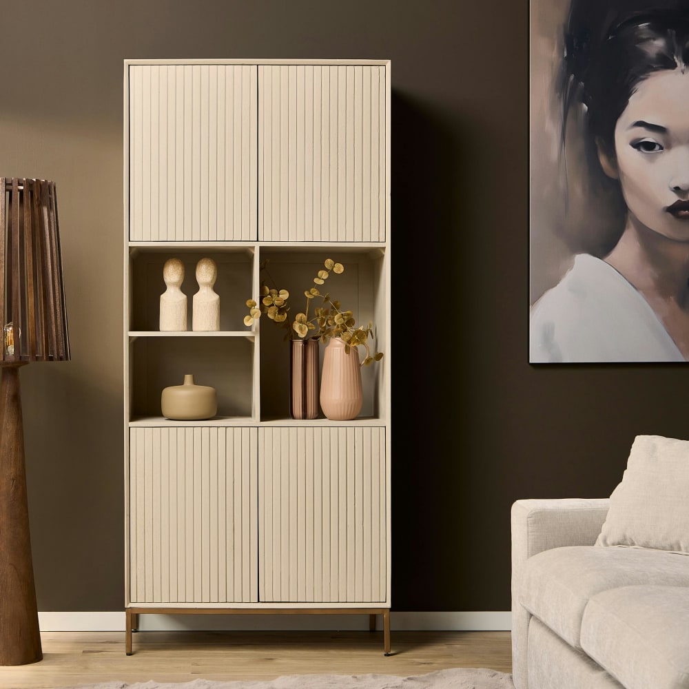 Etagère de salon en bois beige, 4 portes 3 niches