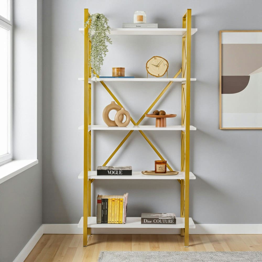 Etagère de salon 5 niveaux bois blanc métal doré L90cm