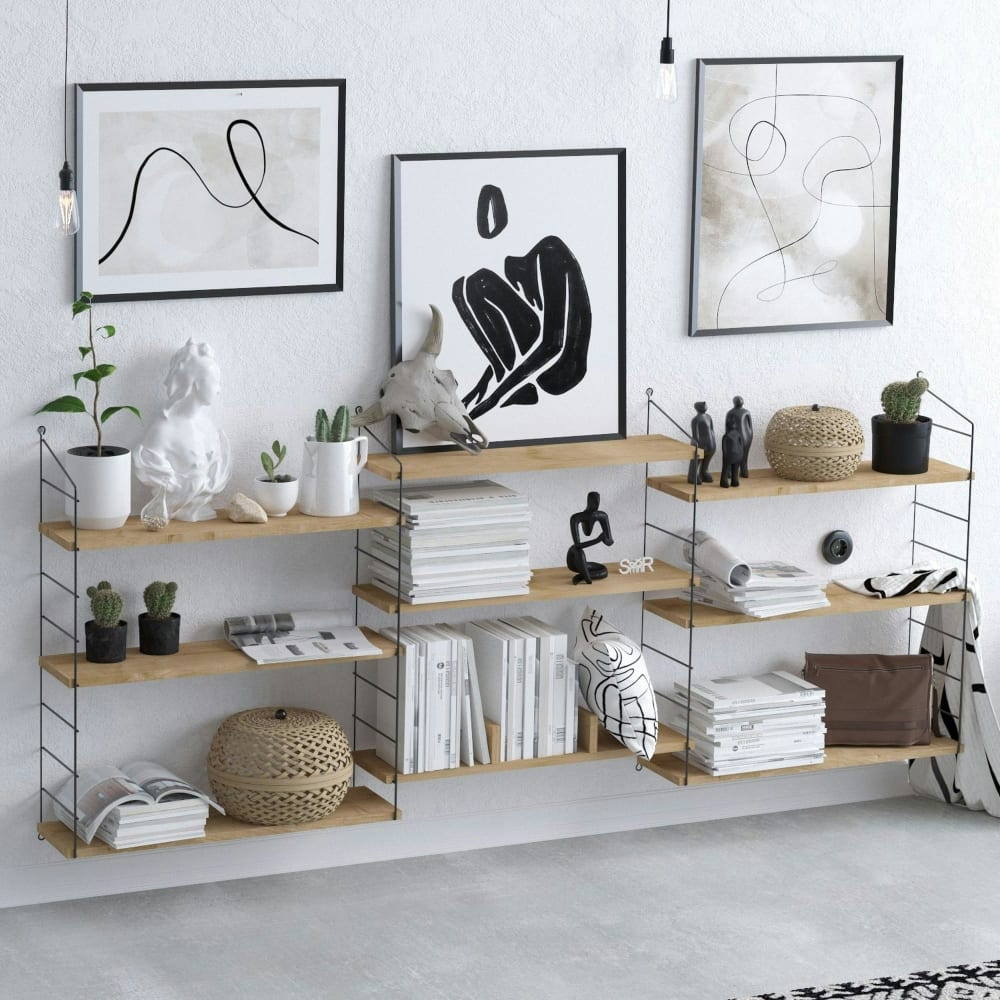 Etagère murale décor chêne 9 plateaux
