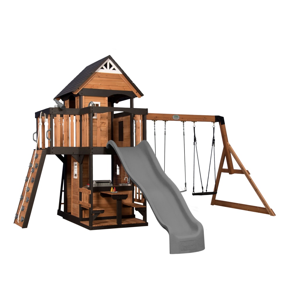 Aire de jeux en bois avec toboggan, balançoire, mur d'escalade