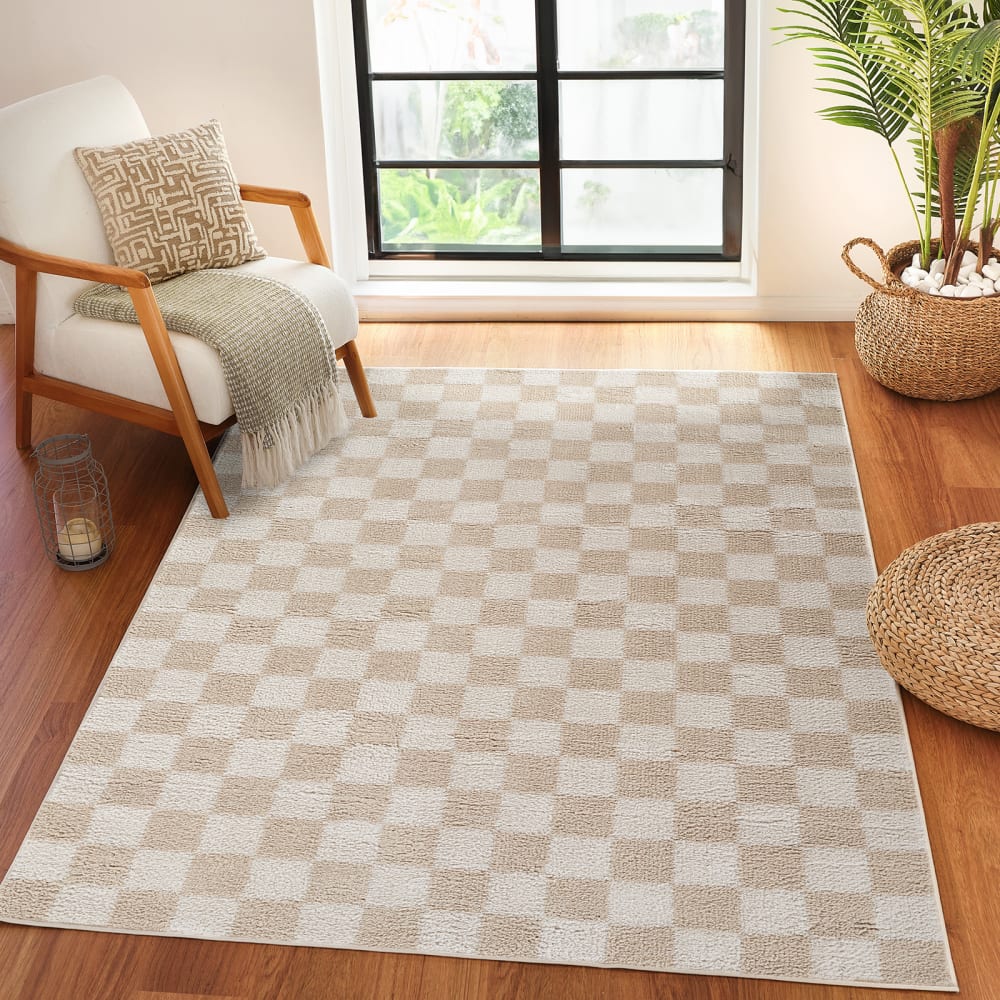 Tapis shaggy à carreaux lavable en machine beige 160x213 — vue 3