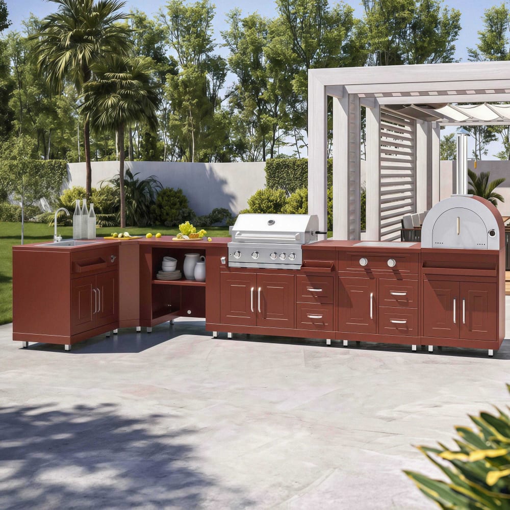 Cuisine d'extérieur angle 6 éléments dont 2 modules de cuisson/évier