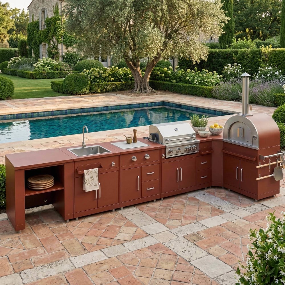 Cuisine d'extérieur angle 6 éléments dont 3 modules de cuisson/évier