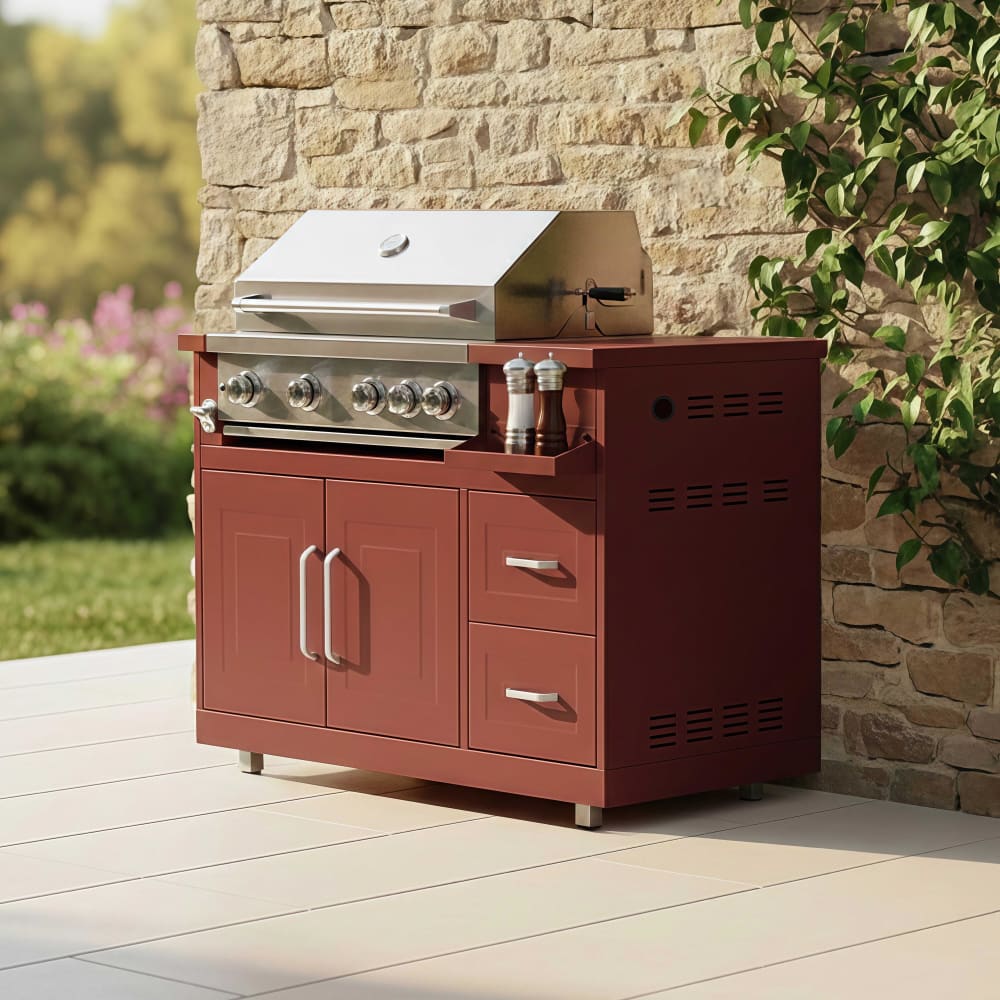 Meuble barbecue gaz 4 brûleurs et rôtissoire cuisine extérieure brique