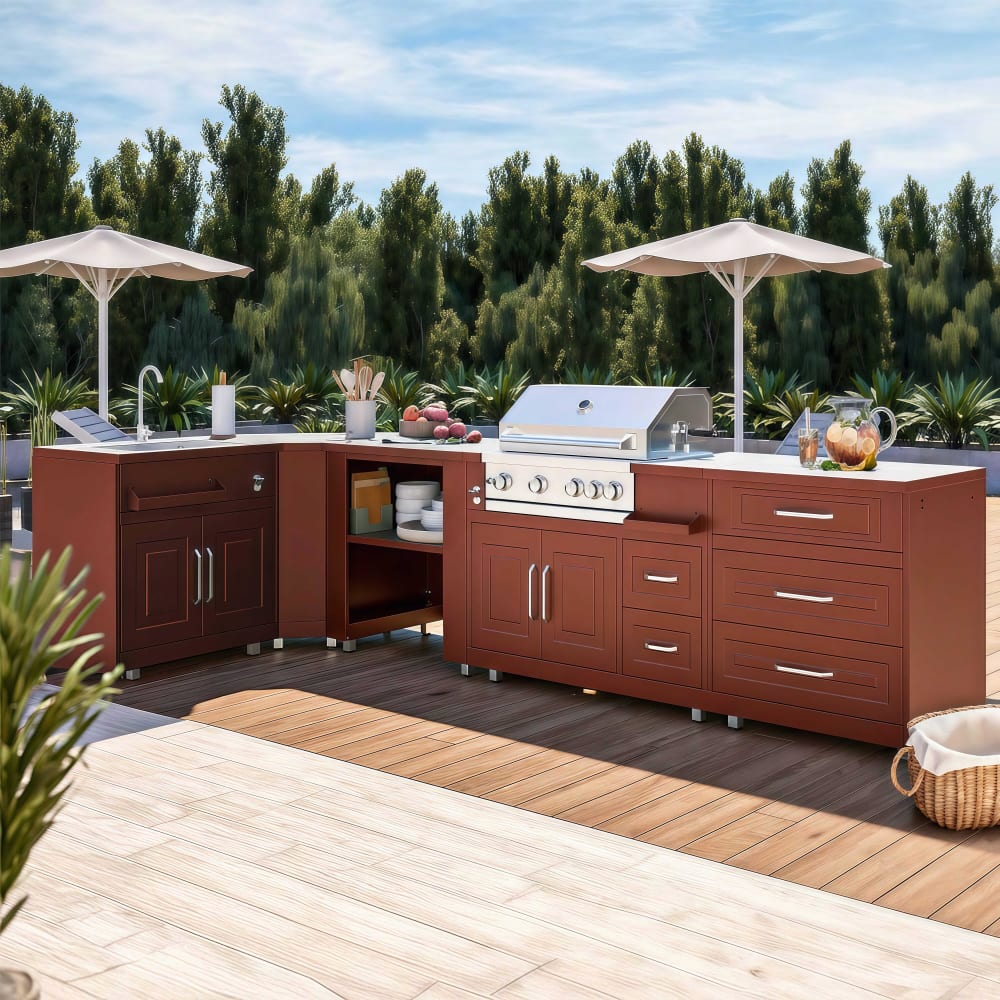 Cuisine d'extérieur angle 5 éléments avec évier et barbecue brique